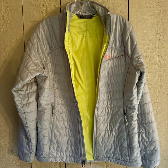 REI Women's Puffer Jacket in Light Grey / Bright Green - Size Medium - Picture 8 of 10